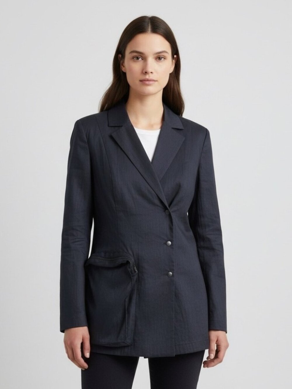 Sarah Pacini Navy Blue Linen Blend Longline Blazer - Small, made in Italy 🇮🇹